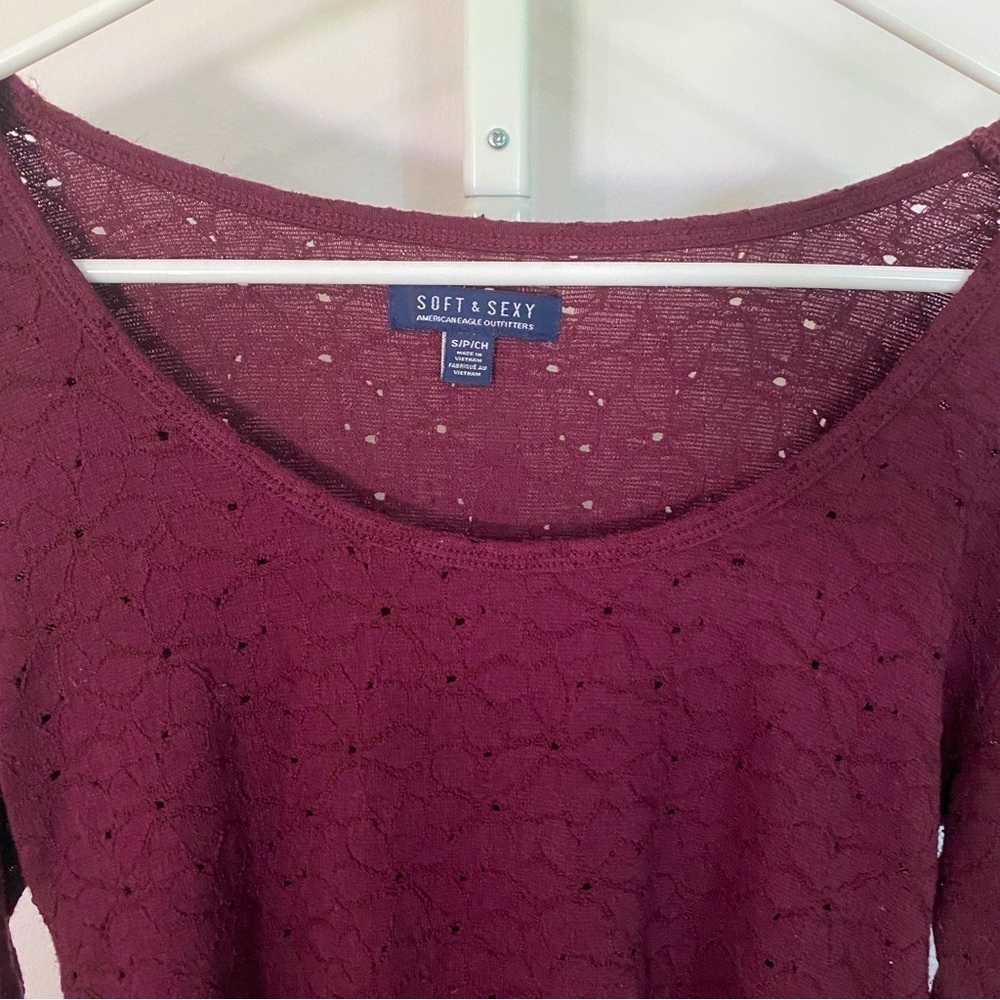 American Eagle Burgundy Soft & Sexy Floral Embroidered Long Sleeve Top - Picture 2 of 3